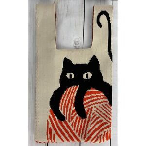 Knit Black Cat Yarn Ball Tote Bag Cream Orange Reusable Shopper Handbag